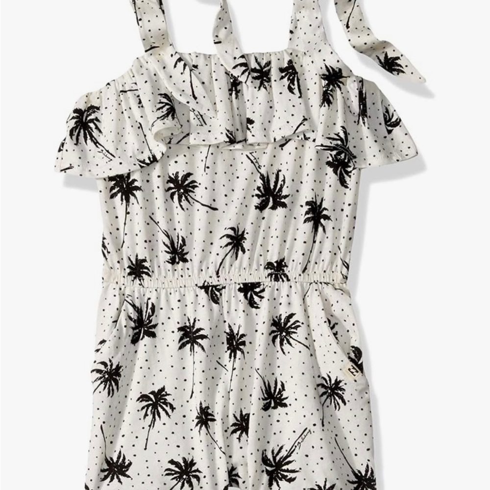 Billabong White and Black Palm Tree and Polka Dot Print Romper